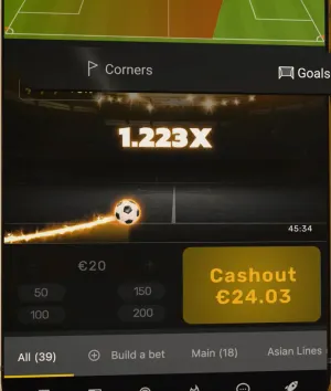 Runda Betiator przy mnożniku 1,223x z dostępną wypłatą (cashout) w wysokości 24,03 €