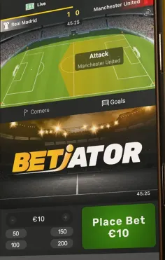 Widget Betiator w widoku boiska, z planszą Attack obok zakładek Corners i Goals